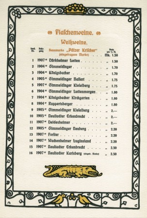 Flaschenweine auf der Weinkarte von August Croissant f&uuml;r das  Frankenthaler Weinmuseum 