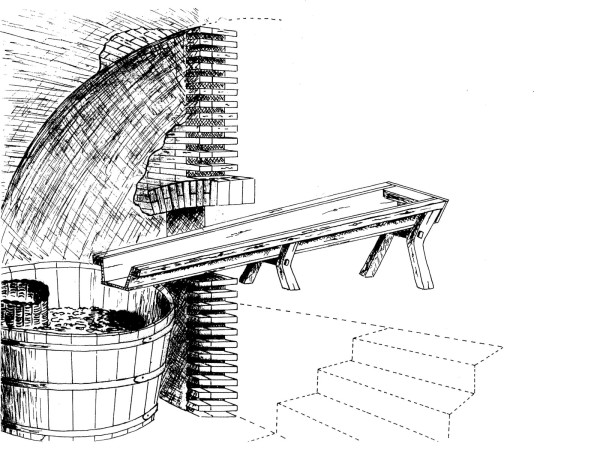 G&auml;udsloch: Presshausausschnitt mit dem Geizl&ocirc;ch, in das der Geiz, d.h.  die Rutsche, hineingeschoben wurde 